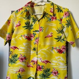 Vintage 90s Yellow Flamingo Tropical Button-Up Blouse | Palm Tree Hawaiian Resor